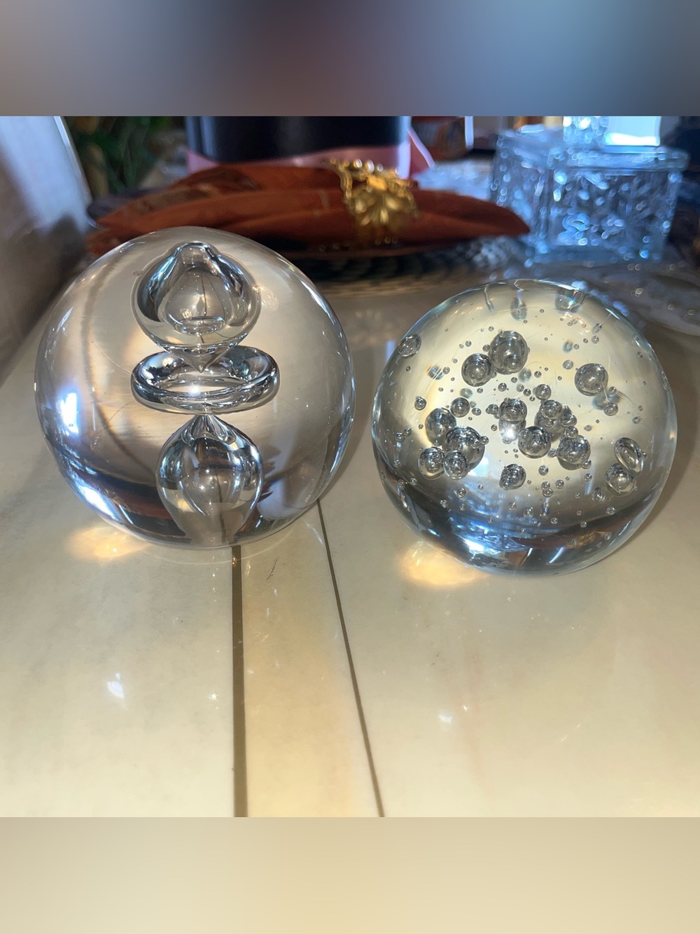 Set of 2 Vintage Handblown Glass Sphere Desk Paperweights MCM